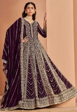 Embroidered Georgette Abaya Style Suit in Purple