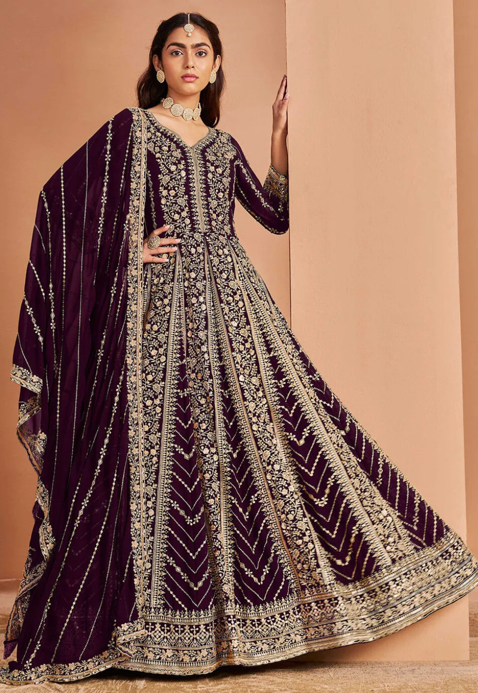 Embroidered Georgette Abaya Style Suit in Purple