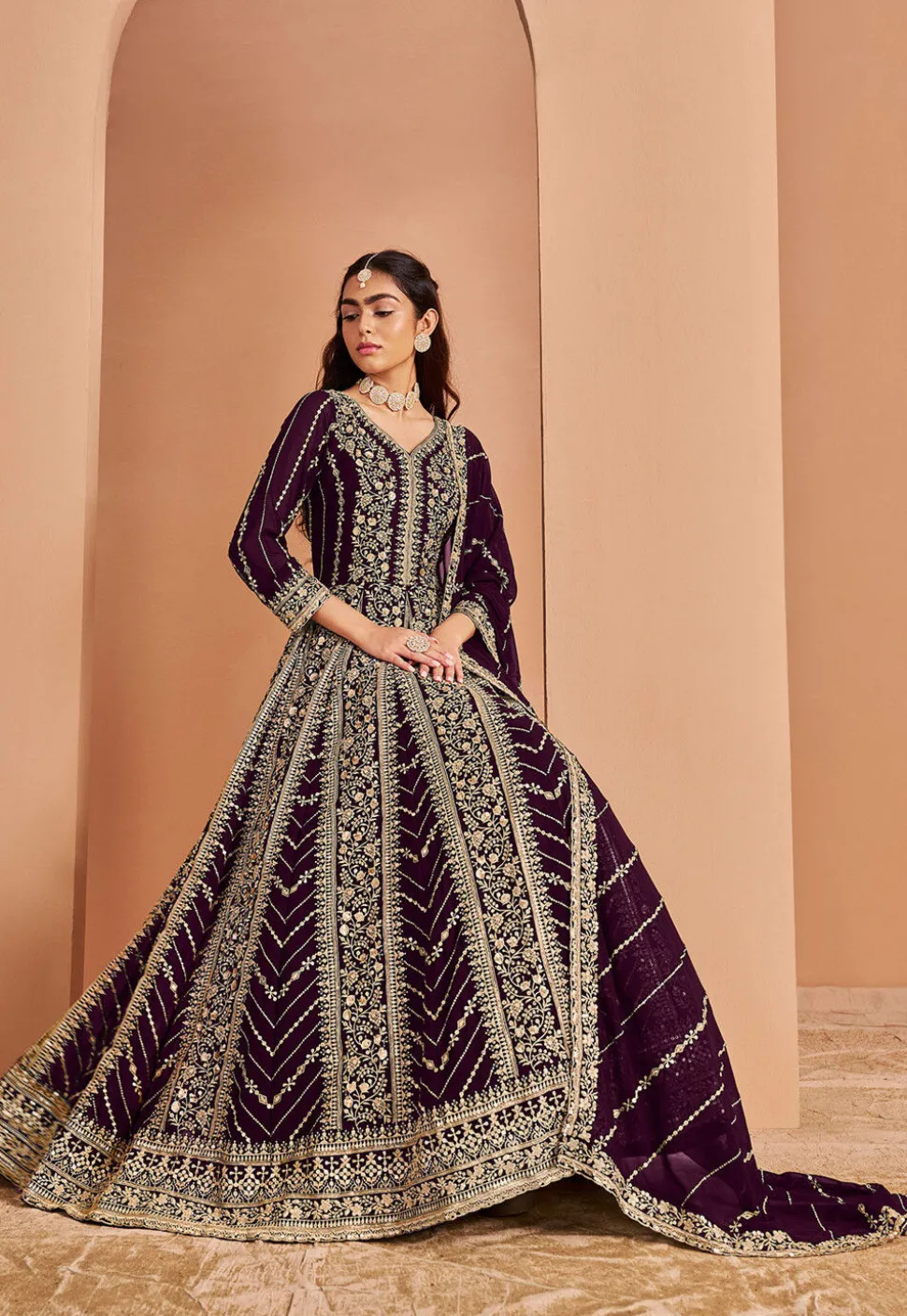 Embroidered Georgette Abaya Style Suit in Purple