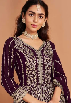 Embroidered Georgette Abaya Style Suit in Purple