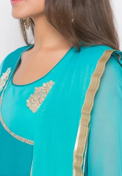 Embroidered Georgette Abaya Style Suit in Turquoise