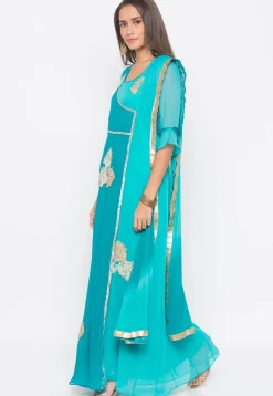 Embroidered Georgette Abaya Style Suit in Turquoise