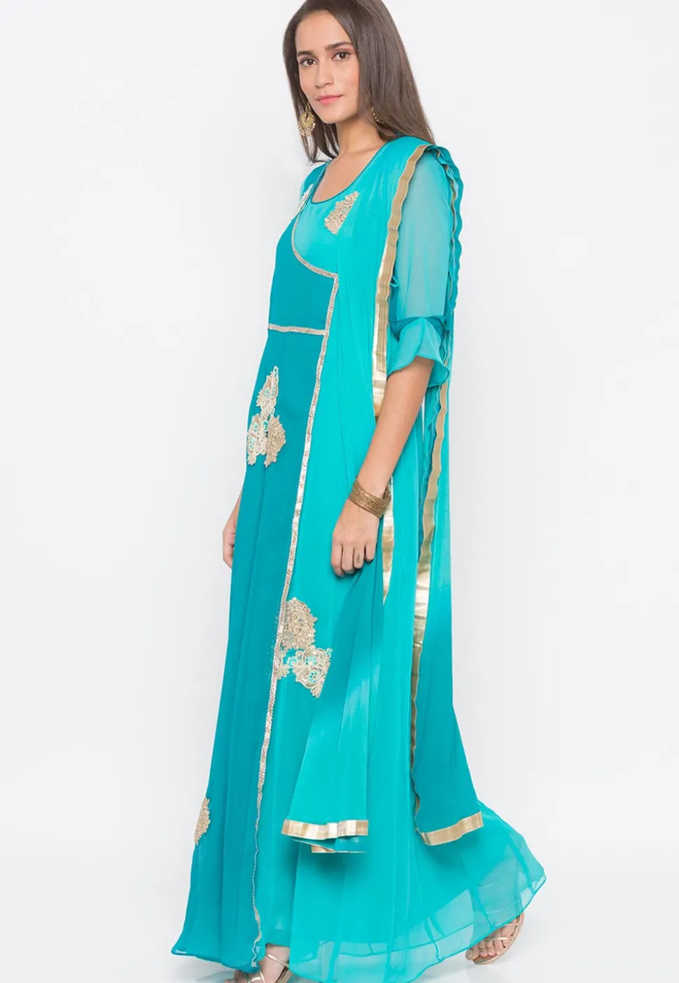 Embroidered Georgette Abaya Style Suit in Turquoise