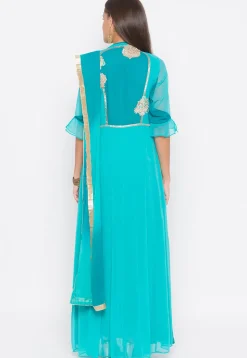 Embroidered Georgette Abaya Style Suit in Turquoise