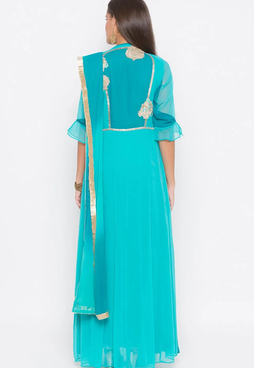 Embroidered Georgette Abaya Style Suit in Turquoise