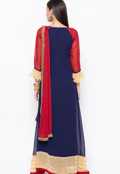 Embroidered Georgette Abaya Style Suit in Navy Blue