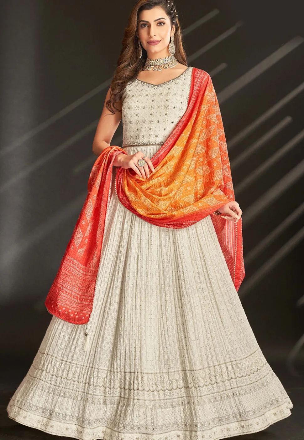 Embroidered Georgette Abaya Style Suit in Off White