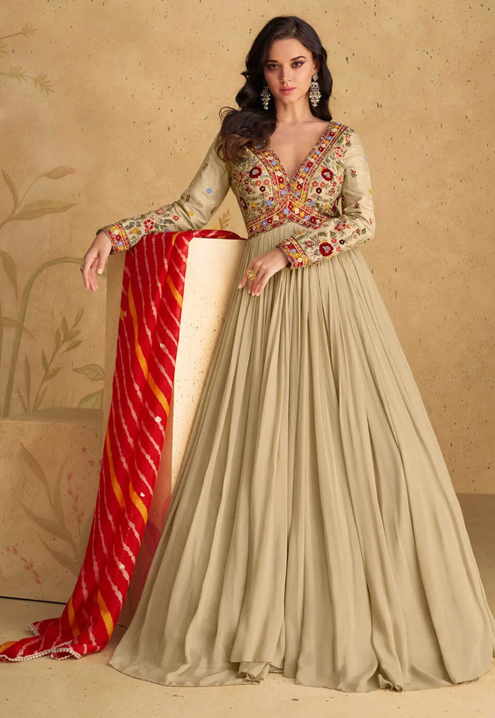 Embroidered Georgette Abaya Style Suit in Beige