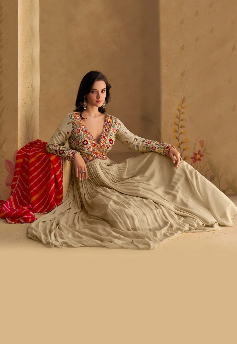Embroidered Georgette Abaya Style Suit in Beige