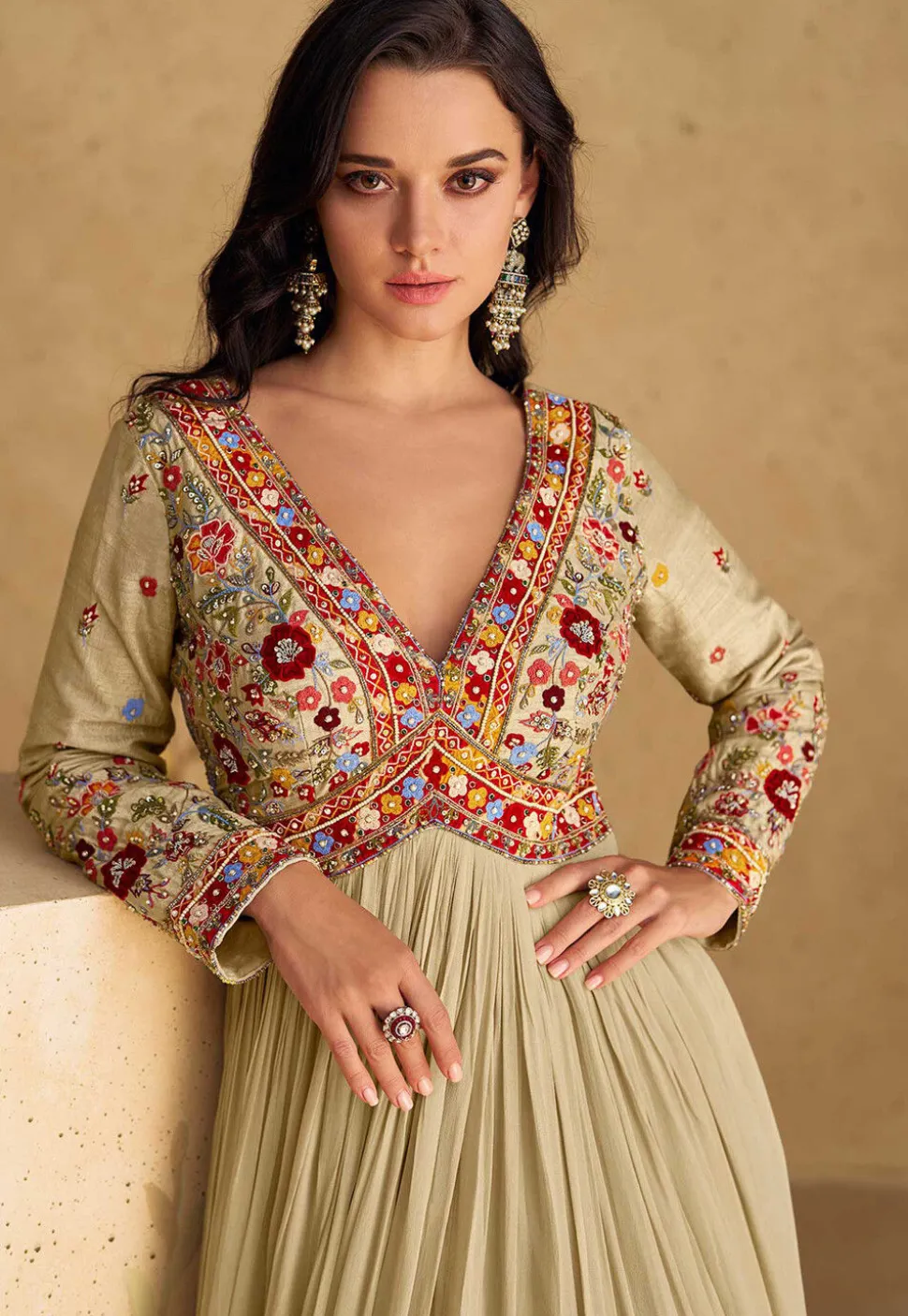 Embroidered Georgette Abaya Style Suit in Beige