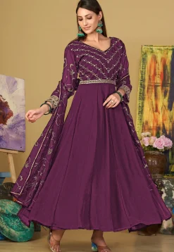 Embroidered Georgette Abaya Style Suit in Purple