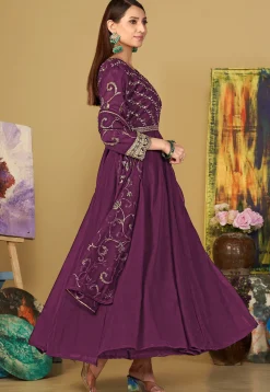 Embroidered Georgette Abaya Style Suit in Purple