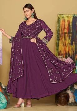 Embroidered Georgette Abaya Style Suit in Purple