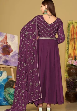 Embroidered Georgette Abaya Style Suit in Purple