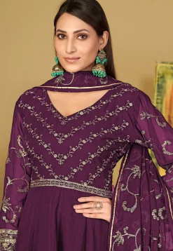 Embroidered Georgette Abaya Style Suit in Purple