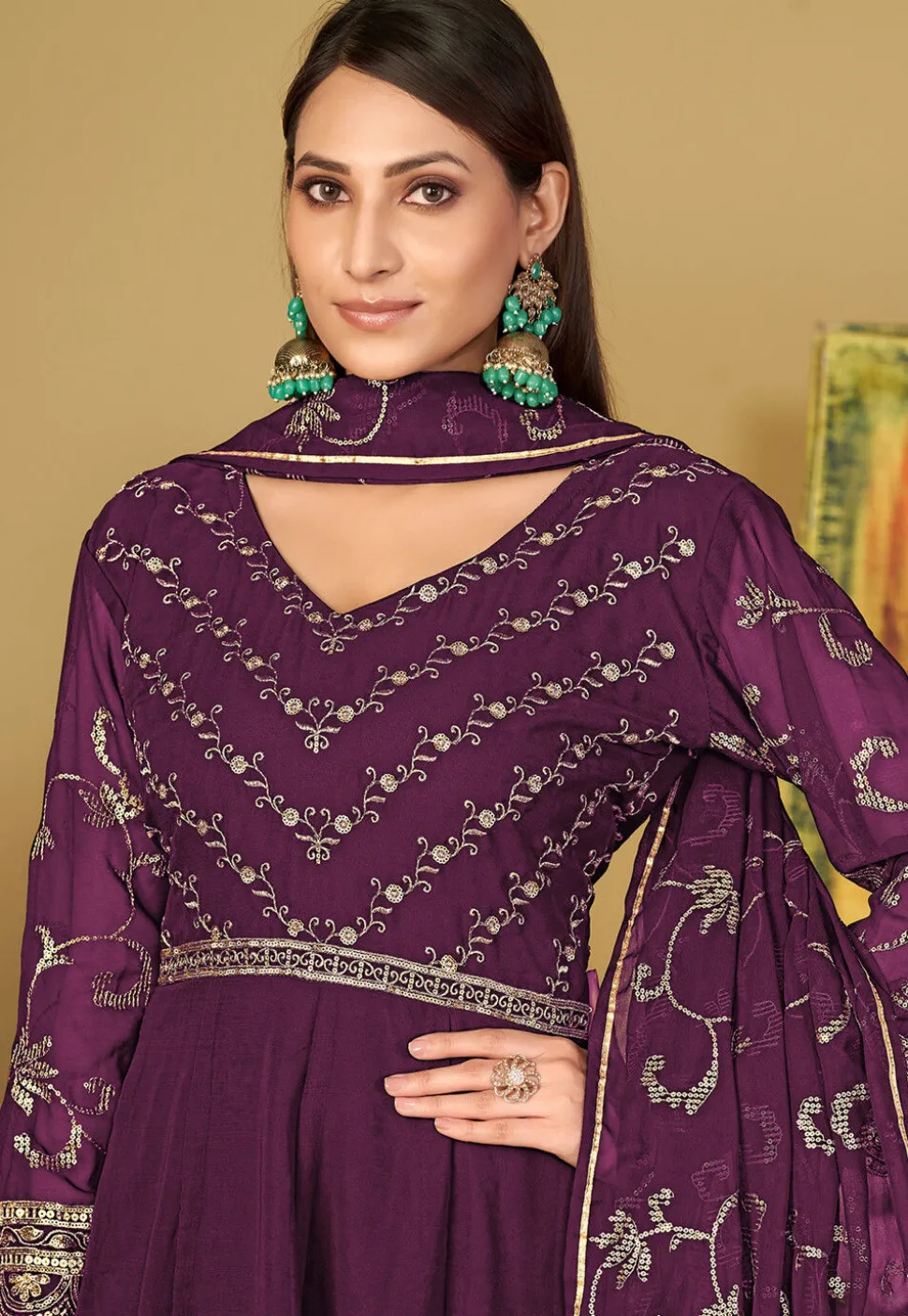 Embroidered Georgette Abaya Style Suit in Purple