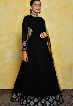 Embroidered Georgette Abaya Style Suit in Black