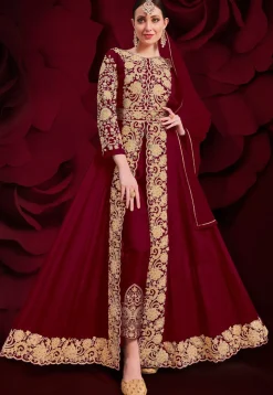 Embroidered Georgette Abaya Style Suit in Maroon