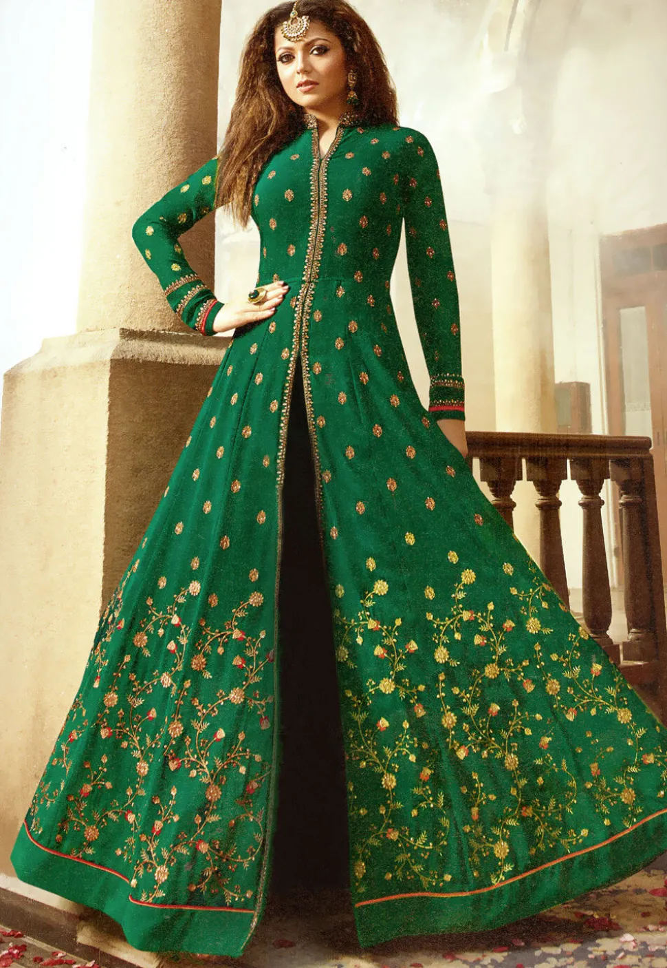 Embroidered Georgette Abaya Style Suit in Teal Green