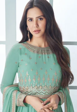 Embroidered Georgette Abaya Style Suit in Sea Green