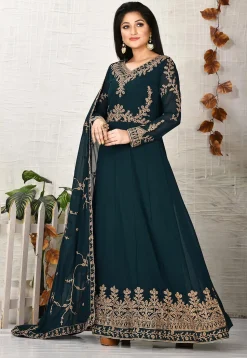 Embroidered Georgette Abaya Style Suit in Dark Teal Blue