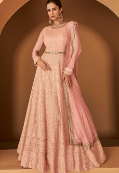 Embroidered Georgette Abaya Style Kameez in Pink