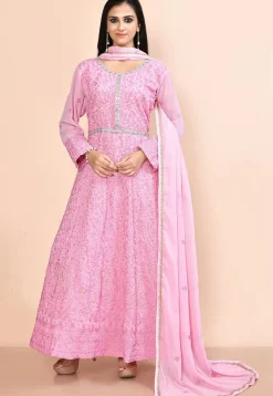 Embroidered Georgette Abaya Style Suit in Pink