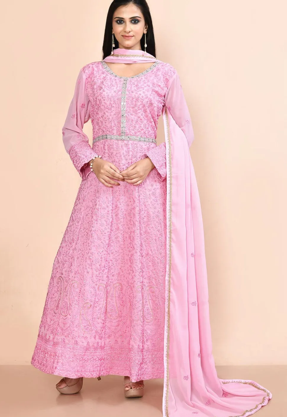 Embroidered Georgette Abaya Style Suit in Pink