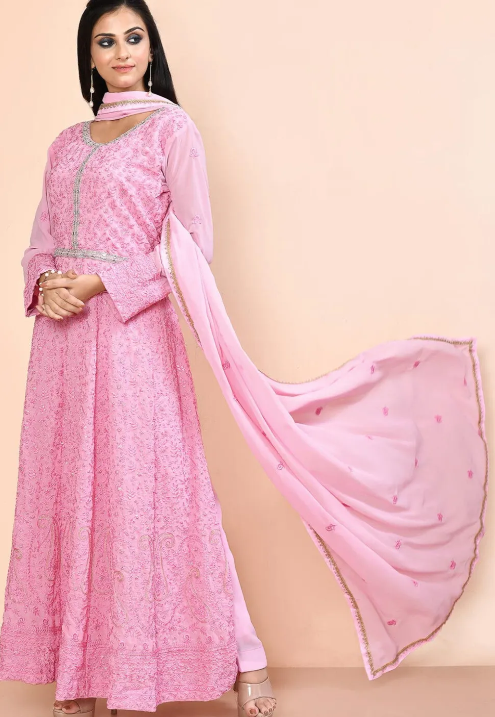 Embroidered Georgette Abaya Style Suit in Pink