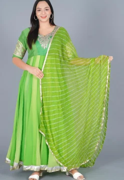 Embroidered Georgette Abaya Style Suit in Shaded Green