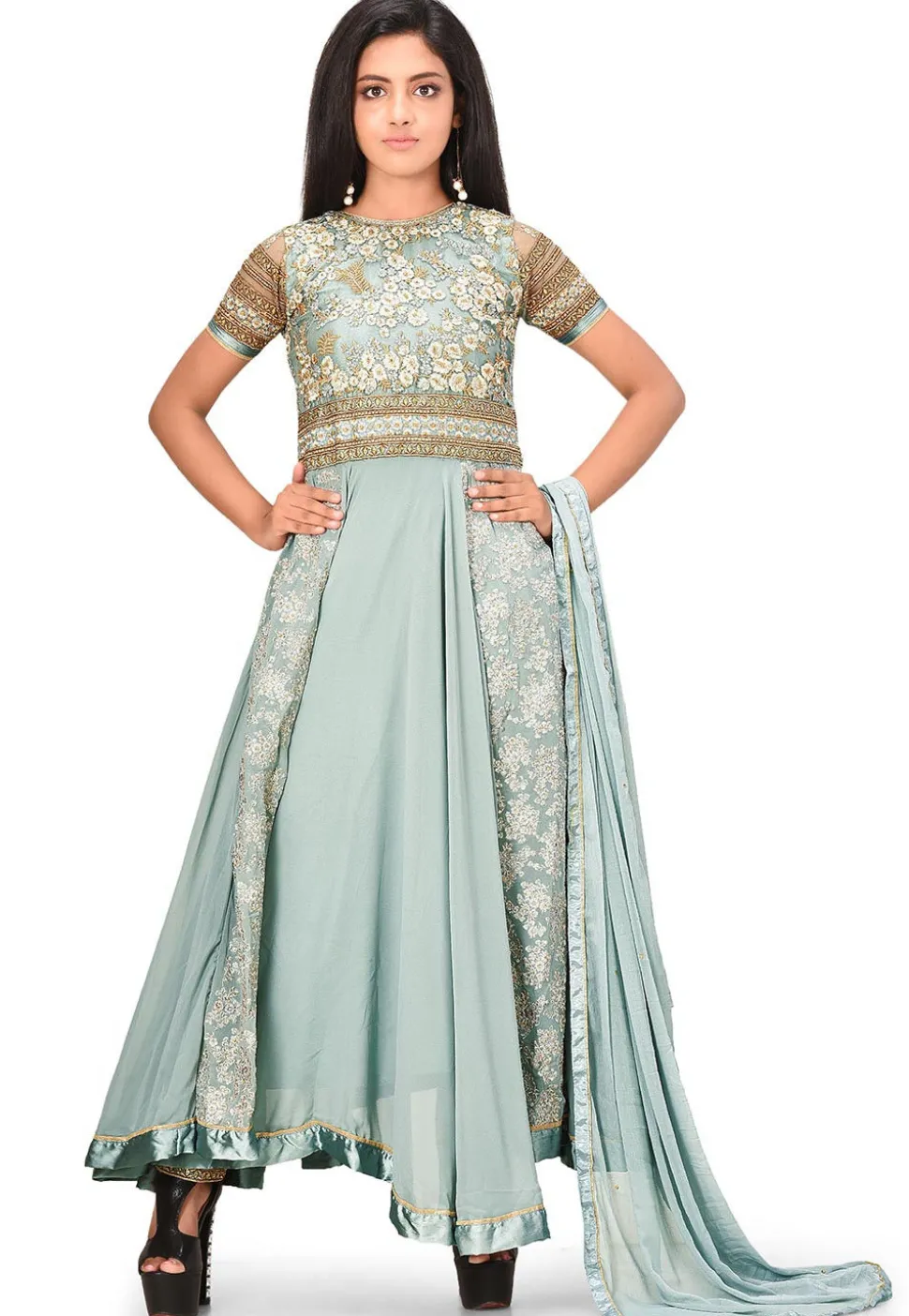 Embroidered Georgette Abaya Style Suit in Pastel Blue