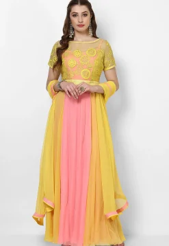 Embroidered Georgette Abaya Style Suit in Yellow and Baby Pink