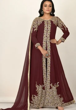 Embroidered Georgette Abaya Style Suit in Maroon