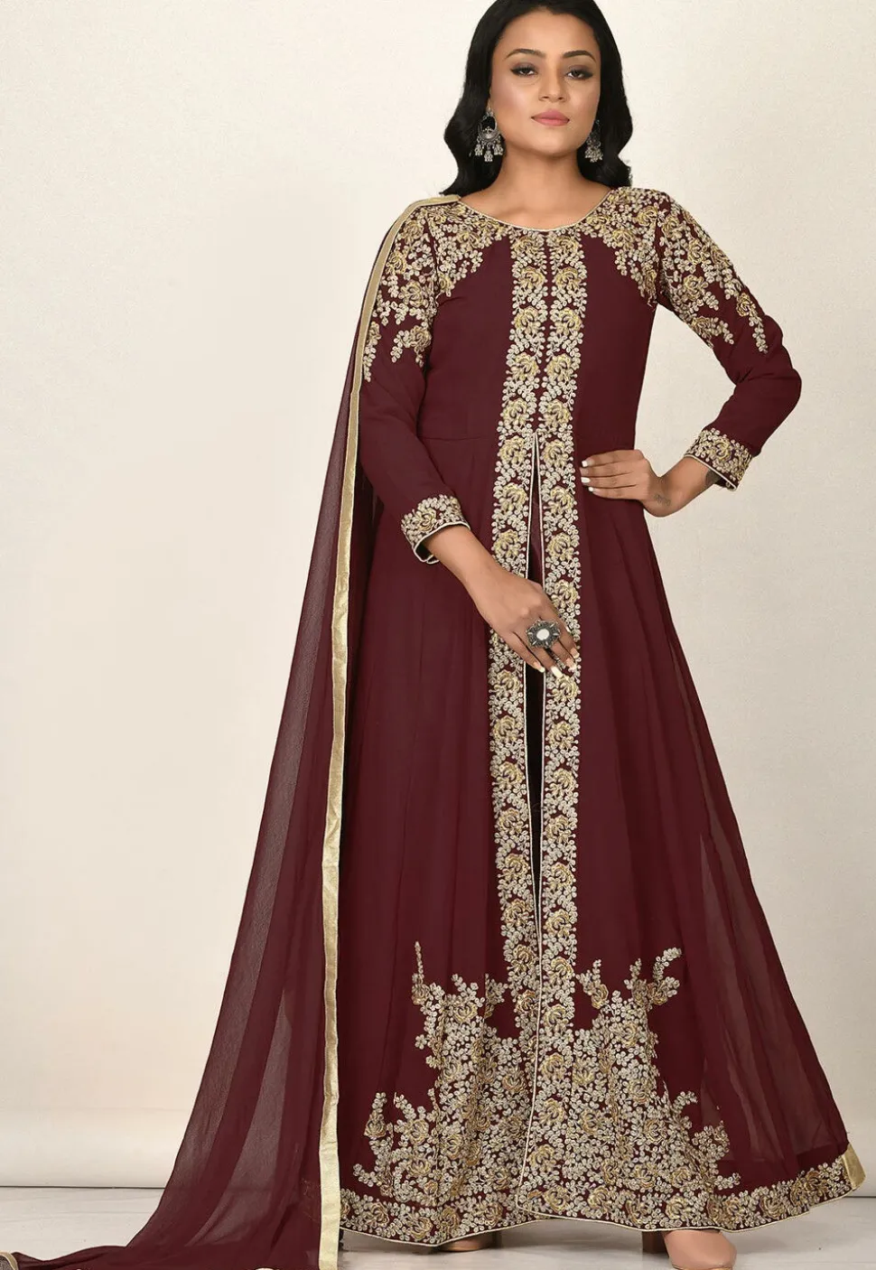 Embroidered Georgette Abaya Style Suit in Maroon