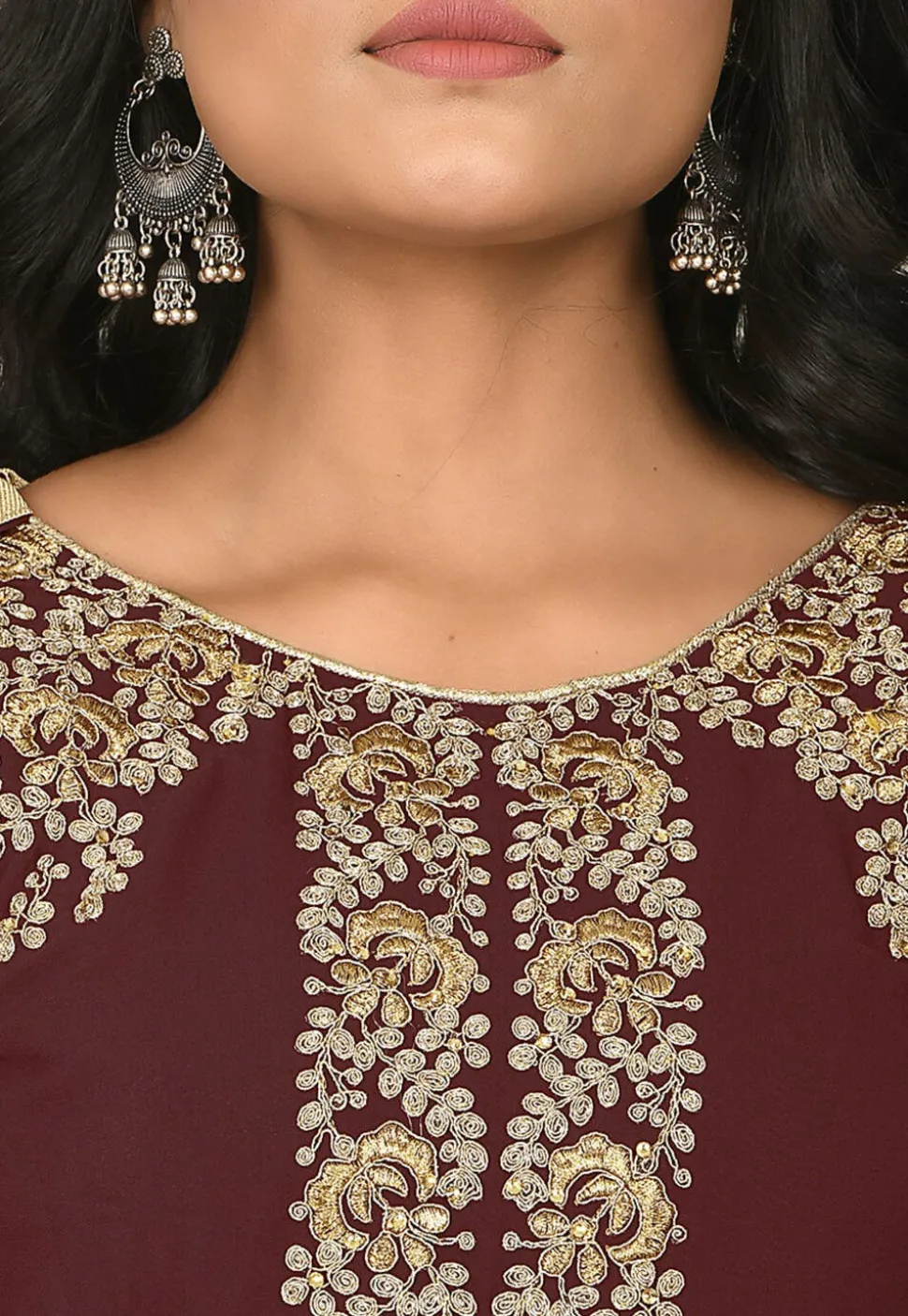 Embroidered Georgette Abaya Style Suit in Maroon
