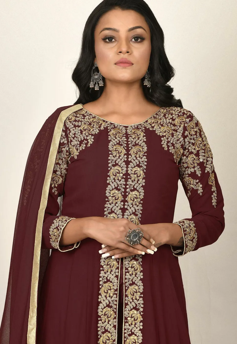 Embroidered Georgette Abaya Style Suit in Maroon
