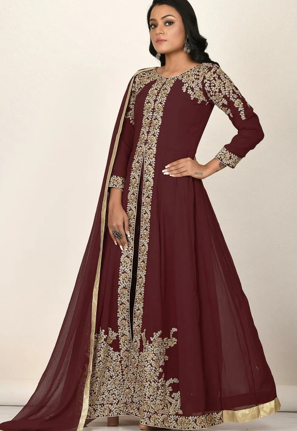 Embroidered Georgette Abaya Style Suit in Maroon