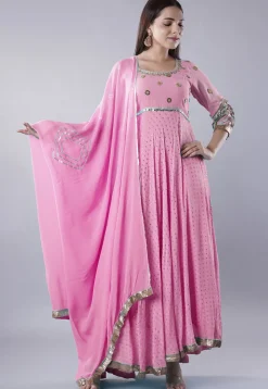 Embroidered Georgette Abaya Style Suit in Pink
