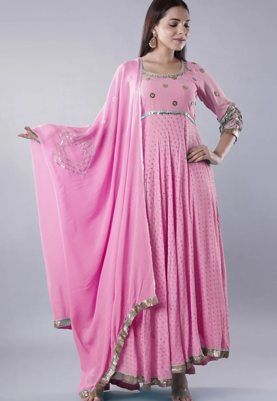 Embroidered Georgette Abaya Style Suit in Pink