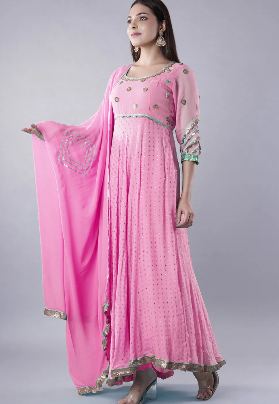 Embroidered Georgette Abaya Style Suit in Pink