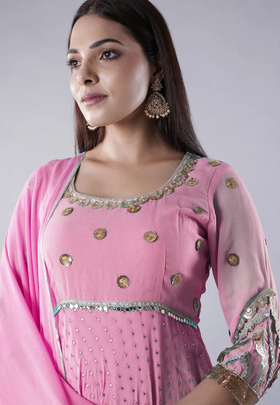 Embroidered Georgette Abaya Style Suit in Pink
