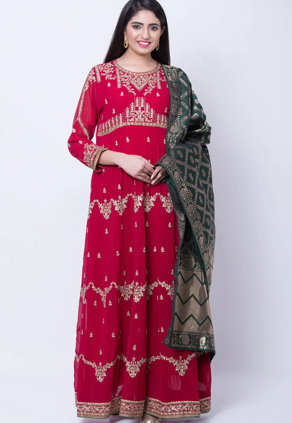 Embroidered Georgette Abaya Style Suit in Fuchsia