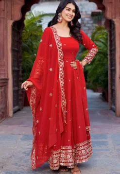 Embroidered Georgette Abaya Style Suit in Red