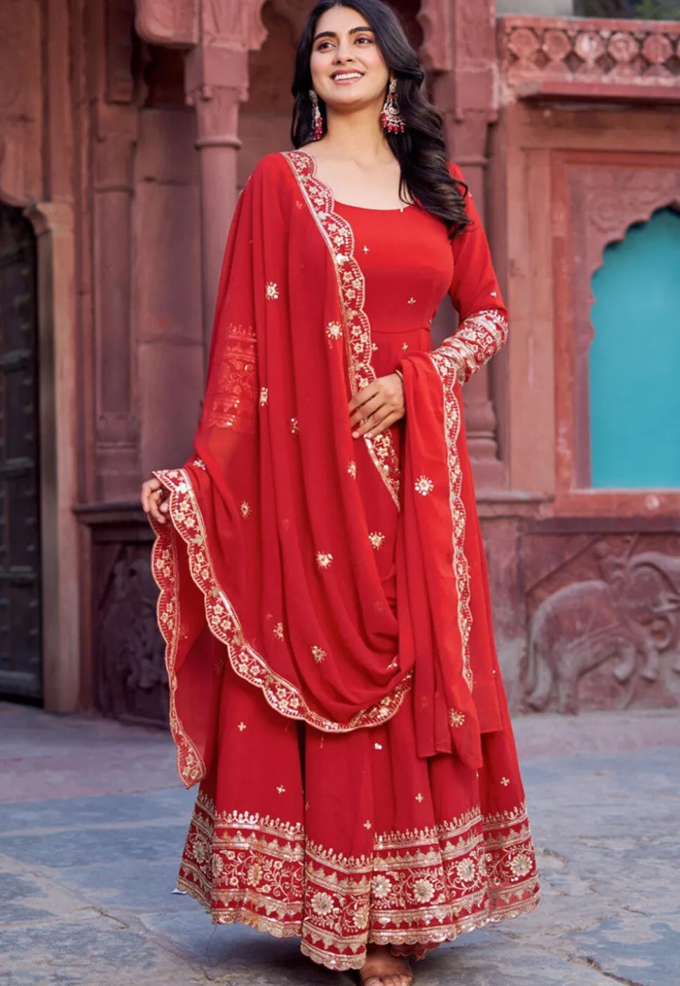 Embroidered Georgette Abaya Style Suit in Red