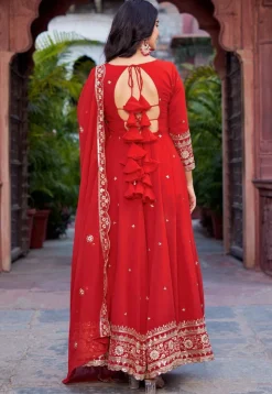 Embroidered Georgette Abaya Style Suit in Red
