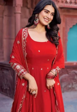 Embroidered Georgette Abaya Style Suit in Red
