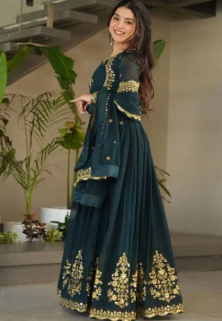Embroidered Georgette Abaya Style Suit in Teal Blue