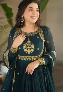 Embroidered Georgette Abaya Style Suit in Teal Blue
