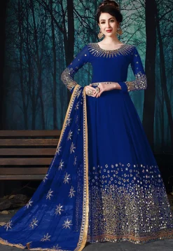 Embroidered Georgette Abaya Style Suit in Royal Blue