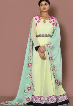 Embroidered Georgette Abaya Style Suit in Light Yellow